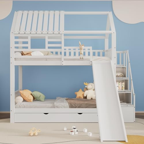 Soweiz Cama infantil con ventana y techo, litera con escalera y tobogán, cama de casa, escalera con espacio de almacenamiento, marco de madera de pino y MDF, con barrera anticaídas y cajón, blanco, 90
