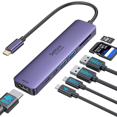 Adaptateur USB C, Hub USB C HDMI 4K, PD 100W, USB C 3.0, 2*USB 3.0 Lecture de Carte SD/TF, Dock USB C Multiport 7-en-1 Compatible avec MacBook Pro/Air M1 M2 ChromeBook Pixel iPad Pro Tablette（Purple）