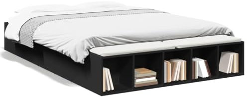 Keyroto Bettgestell Bett mit Stauraum Bettrahmenmit Fächern Jugendbett Gästebett Holzwerkstoff Schwarz 140x200 cm