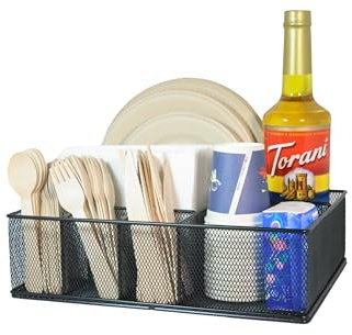 Rehuei Metal Paper Plate Organizer & Utensil Holder for Countertop, Silverware Caddy Cutlery Flatware Organizer for Plastic Cup Forks Spoon Napkins, Paper Plate Holder for Picnic Camping Party