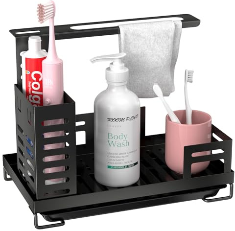 Ghazpmuk Sink Organiser, Spülbecken Organizer, Kitchen Sink Caddy Organiser, Sponge Holder, Edelstahl Küchen Organizer Mit Abnehmbarer Abflusspfanne, Geschirrtuchaufhänger und Bürstenablage für Küche