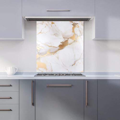 Warren Reed - Designer Premium White Marble With Gold Kitchen Splashback 6mm Toughened Glass Kitchen Splashback – Heat Resistant Splashback for Kitchens, Perfect for Cookers and Hobs, Polished Edges