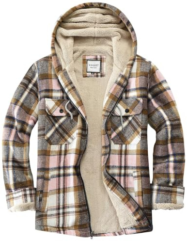 WINDFIT Women's Full Zip Fleece Flannel Jacket Plaid Sherpa Lined Jacket for Women Pink Medium