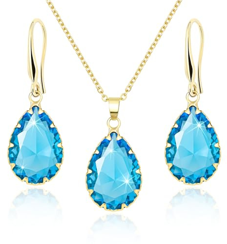 Linawe Conjuntos de joyas de color azul aguamarina para mujer, conjunto de joyas de oro, pendientes colgantes, collar de cadena con colgante dorado, pendientes para mujer