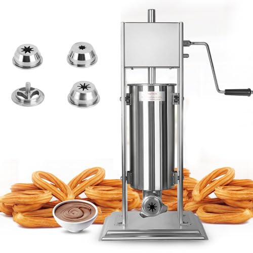 Qiang 5l/7l/10l/15l Macchina per Churro Commerciale Manovella in Acciaio Inox Professionale per Churro con 4 Ugelli Macchina per Riempire Churro Ciambelle Spagnole per Ristoranti,Panetterie,5L
