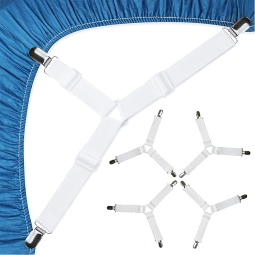 4 Stück Bettlakenspanner, Lakenspanner mit Metallclips, Dreieckige Bettlaken Spanner, Bettlaken Spanngurte Spannbettlakenhalter Betttuchspanner mit Clip für Bettwäsche Matratze Bügelbrett Sofa