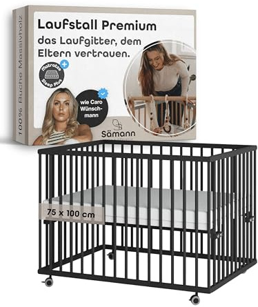 Sämann Baby Laufstall aus Holz I Schwarz 75x100 cm I Inkl. Matratze SleepPlus I Höhenverstellbares Babybett aus Buchenholz I Laufgitter mit gummierten Rollen I TÜV geprüft