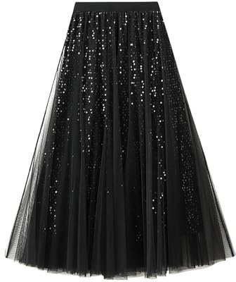 Tüllrock Damen Lang A-Linie Maxirock Glitzer Rock mit Pailletten Plisseerock Elegant Festlich Faltenrock Elastisch Taille Maxirock Sommerrock Karneval Kostüm Tütü Rock Pailettenrock Faschingskostüme