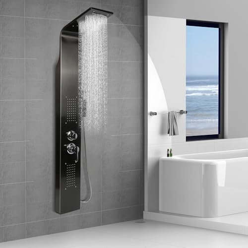 Colonne De Douche Hydromassante,Colonne De Douche Réglable Pour Modifier La Température Et Le Débit d'Eau,Panneau de douche en acier inoxydable, 7 * 20 * 140cm-noir