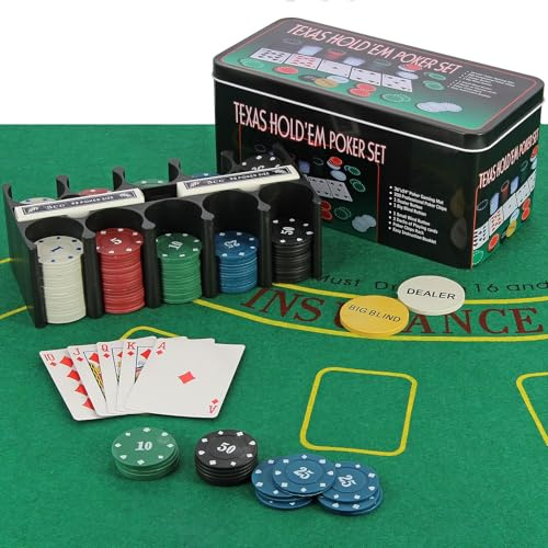 Texas Hold'em Poker Set 200pcs Casino Chips, 36x24 Game Poker Mat, 2 Decks of Cards, Dealer & Blind Buttons, Chip Rack, Tin Box Complete Poker & Blackjack Game Set for Home or Party