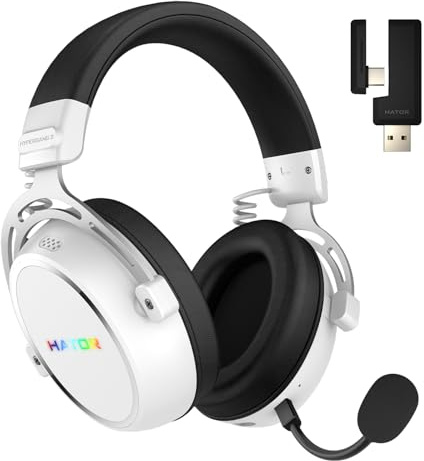 HATOR Hypergang 3 Wireless Gaming-Headset – Hi-Res Audio, Hybrid ANC, 45h Akku, Spatial Audio, Bluetooth & 2.4GHz, abnehmbares Mikrofon, RGB, Head Tracking, SyncHUB App – Weiß