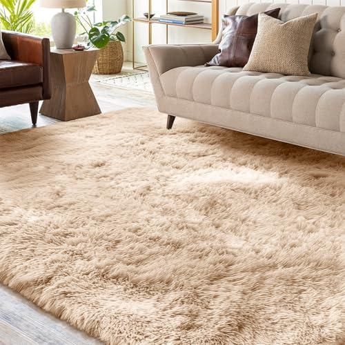 XSIVOD Large Plush Fluffy Nonslip Shaggy Rugs Living Room, 160x230cm, Beige | Non-slip soft area rug, plush bedroom carpet. Ideal for dorm, teen room, playroom, study, office, Modern indoor furry decor.