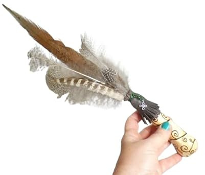 Ceremonial Smudge Fan with English Yew wood handcrafted with cruelty free feathers (naturally moulted)
