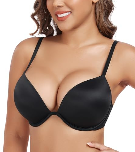 DotVol Women's Thick Padded Push Up Deep Plunge Underwire T-Shirt Everyday Bra(Black,34DD)