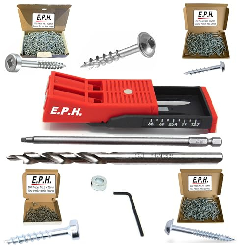 E.P.H. Pocket Hole Starter Kit - Twin Pocket Hole Jig, Drill Bit, 150mm #2 Driver + 550 Pocket Hole Screws
