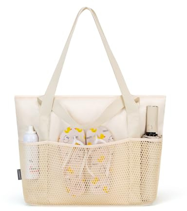 KABAQOO Beach Bag with Zip and Pockets Large Beach Tote Bags for Women with Compartments and Key Chain Shoulder Bag Handbags for Travel Pool Shopping, Beige