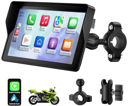 YCV Motorcycle Carplay Screen, Wireless CarPlay & Android Auto for Motorbike, 5 IP67 Waterproof Touchscreen, Carplay Motorcycle GPS Navigation, Dual Bluetooth, EQ, Siri and Google Assistant