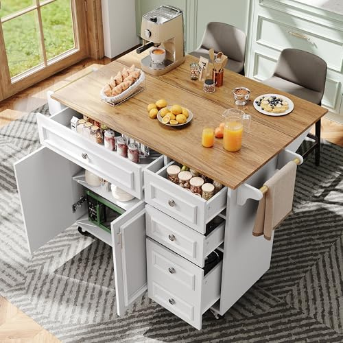 Oslghy Küchenwagen, Kücheninsel mit Arbeitsplatte klappbar, Modern Küchenschrank, Servierwagen Buffetschrank mit Rollen und Handtuchhalter, Küchensiland mit 4 Schubladen, 2 Türen,110×45-75×92cm (Weiß)