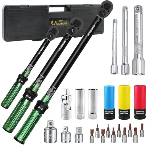 Uharbour Jeu de 26 Clés Dynamométriques 1/4, 3/8, 1/2 – Plages 3-25, 5-60, 60-330 Nm – Précision ±3% – Pour Voiture, Moto, Vélo – Inclut Douille Magnétique et Cardan