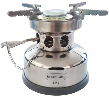 iWalkerCamp AG53 - Estufa de gasolina para exteriores, estufa de aceite de camping, mini estufa portátil integrada, adecuada para senderismo, viajes en motocicleta, mochileros, acero inoxidable de