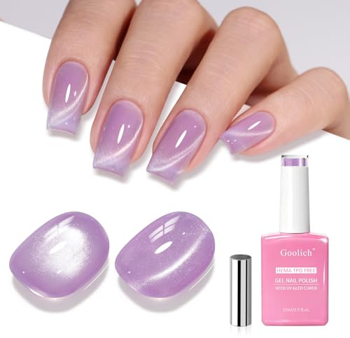 Goolich Purple Cat Eye Gel Nail Polish, 15ML HEMA & TPO Free Light Lavender Purple Holographic Glitter Shimmer Magnetic Gel Polish with Magnet Soak off UV LED Nail Design Manicure Salon