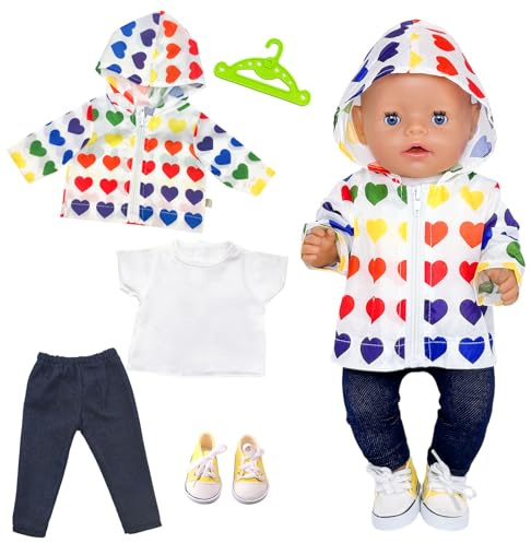 Puppenkleidung regenkleidung 35-43 cm, 5-teiliges Baby Puppen Kleidung mit Herz Baby Regenjacke, T-Shirt, Lange Hose, Gelbe Leinenschuhe & Kleiderbügel, Kleidung und Zubehör für Babypuppen