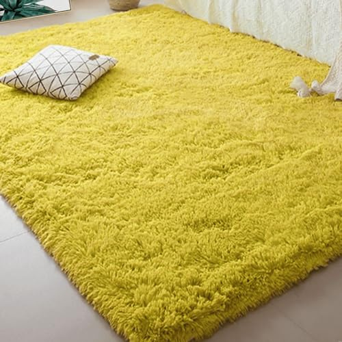 ZHIQXUE Moderner Hochflor Teppich 220 x 220 cm Hochflor Flauschig Bettvorleger High Pile Carpet rutschfest Pflegeleicht Und Robust für Terrasse Balkon Garten, Gelb