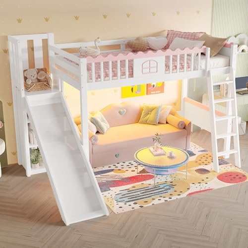 Azkoeesy Cama Alta LED para niña 90x200 cm - Tobogán y Escalera - Barandilla Rosa - Cama Juvenil con iluminación LED y Control por App, Madera de Pino Blanca