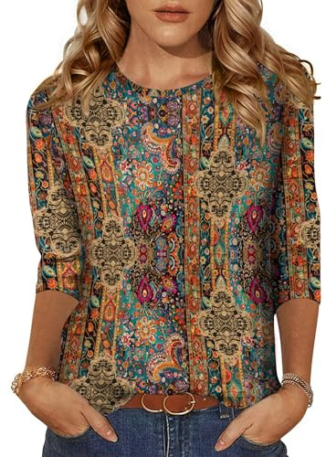 Zeagoo Womens Tops Crew Neck 3/4 Sleeve Blouses Casual T Shirts Brown XL