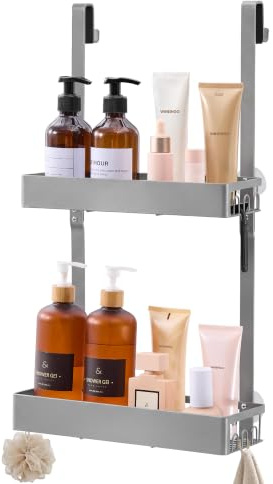 SONGMICS Duschablage ohne Bohren, 2 Ebenen Duschregal zum Hängen, Silber | Badezimmer Organizer mit Haken, Rostfreies Hängeregal für Dusche, 31,5 x 15,5 x 56,7 cm, PARSON Kollektion BCB205E101