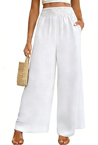Vossmi Pantalones Casual Sólido para Mujer Largo Pantalones Cintura Alta Elástico Yoga Palazzo Pantalón con Bolsillos Suelto Ligeros Pants de Playa Verano