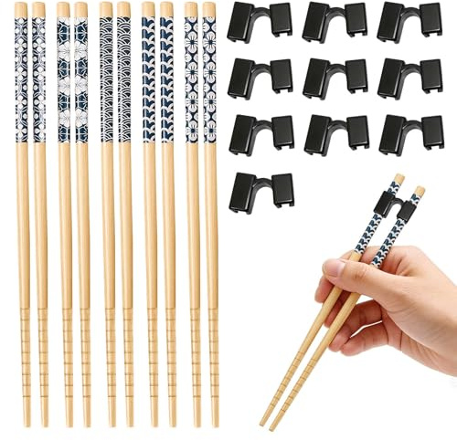 5 Pairs Chopsticks for Beginners with 10 Chopstick Helper Aids for Adults,Dishwasher Safe Colors Comes,Reusable Training Chopsticks Helpers(Black)