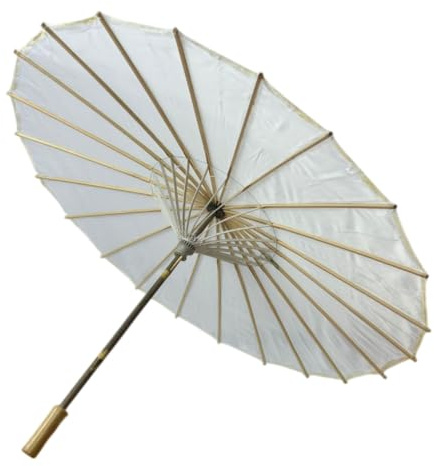 Dalegria Sombrilla China de Tela con Varillaje de Madera, 82 cm de Diámetro, Estilo Oriental con Flores (Blanco Liso)