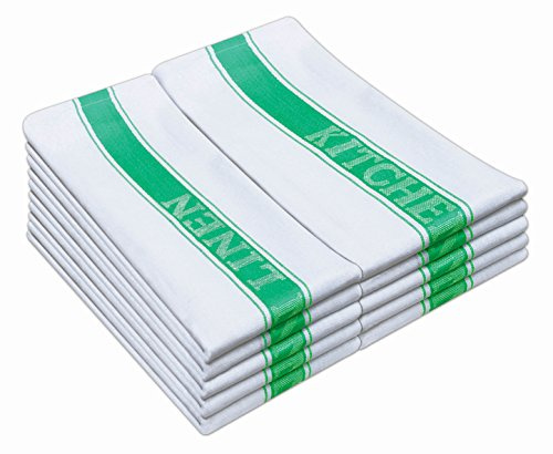 QCS Chef Classic Kitchen Towels, 100% Pure Cotton Dish Drying Towels, Extra Large Dish Cloths 50.80cm x 76.20cm (20 x 30) White with Blue, Green or Red Catering Kitchen Linen Stripe (6-Pack, Green)