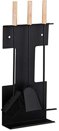 Relaxdays Kaminbesteck modern, 4 teilige Kamingarnitur, mit Schaufel, Besen, Schürhaken und Halter, Ofenbesteck, schwarz, 66 x 28 x 11 cm