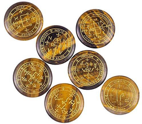 Nupuyai 7Stk. Tigerauge Steine mit Erzengel Magie Symbol Gravur Heilsteine | Erzengel Symbol Heilsteine für Schutz&Spiritualität, Reiki Meditation, Chakra Energiesteine für Wicca Altar Deko