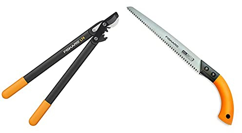 Fiskars PowerGear II Bypass-Getriebeastschere für frisches Holz, Antihaftbeschichtet, 55 cm & Handsäge für frisches Holz, Mit feststehendem Blatt, Inklusive Kunststoff-Köcher, 33 cm, Schwarz/Orange