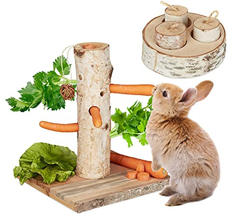 Relaxdays Kaninchen Spielzeug, 2tlg. Set, Nagerbaum & Intelligenzspielzeug, Holz, Zubehör Meerschweinchen, Hasen, Natur