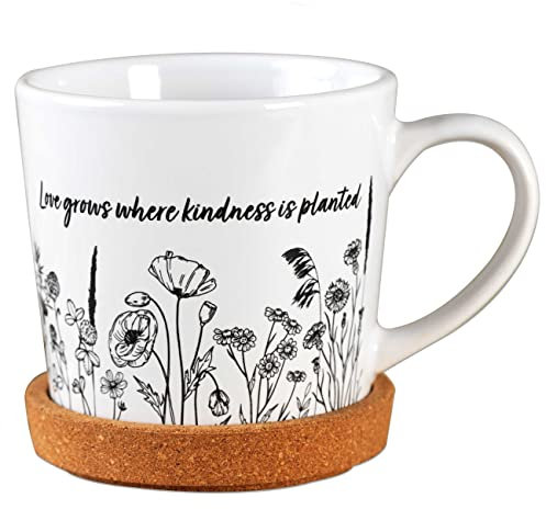 Papierdrachen Hochwertige Tasse aus Keramik mit passendem Kork Untersetzer - Tischdeko - Kaffeetisch - Kaffeetasse - Love grows where kindness is planted - für Kaffee, Tee und mehr