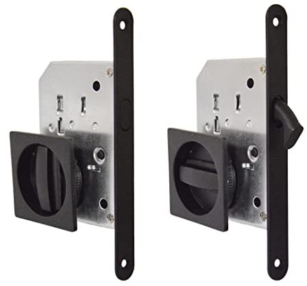 BricoShopping set MANIGLIE per PORTA interna in legno A SCOMPARSA SCORREVOLE KIT con SERRATURA ad INCASSO GANCIO nottolino cieca quadrata bocchetta acciaio (Quadrato C/Serratura, Nero)