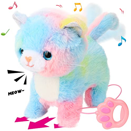 Hopearl Laufende Katze Interaktiv Elektronisches Haustier - Singende Kätzin mit Fernbedienung Leine, Miauen Schwanz Wedeln Mit Berührungserkennung Musikspielzeug Geburtstagsgeschenk, Regenbogen, 27 cm