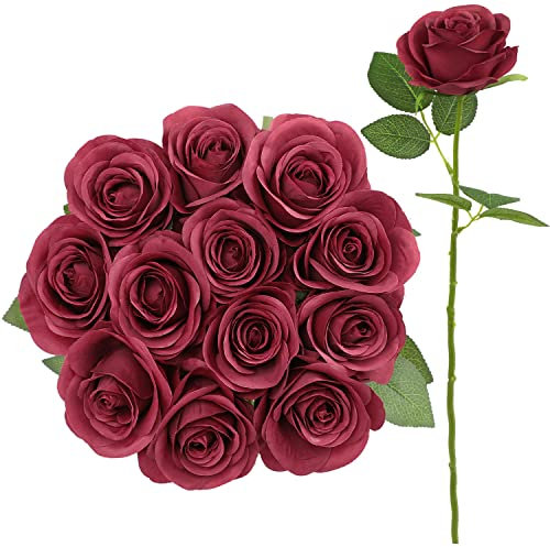 JUSMAI Künstliche Rosen, künstliche Blumen, mit langen Stielen, burgunderrot, Seidenblumen für Hochzeit, Blumenstrauß, Tafeldekoration, Party, Braut, Babyparty, Heimdekoration, 12 Stück