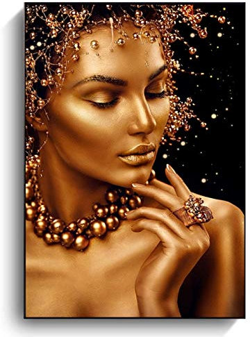 Leinwandbild XXL Gerahmtes Sexy Frau in Schwarz und Gold, Gemälde auf Leinwand, nackte Kunst, Poster und Drucke, moderne Wandkunst, Dekoration, Bilder, 42 x 60 cm, gerahmt