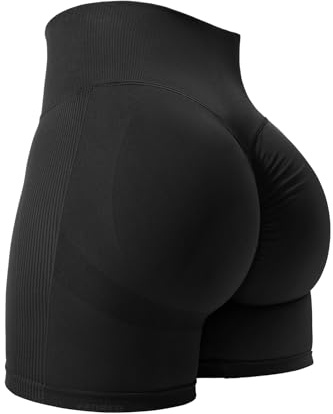 YEOREO Women High Waist Workout Yoga Gym Smile Contour Seamless Cycling Shorts Black M