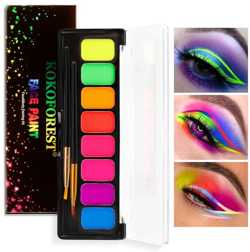 Teekerwan 8 couleurs néon peinture pour le visage Eyeliner maquillage, Aqua - activé Eyeliner Palette UV Luminescent durable Fluorescent visage et corps peinture avec pinceau pour Halloween Noël (01)