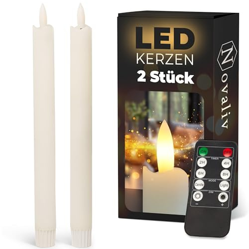 Novaliv Stabkerzen LED mit Timer Weiss 2er Indoor mit 6 Stunden Timer - ECHTWACHS 23cm Höhe für Kerzen 2,2cm Durchmesser 2 AAA Batterien notwendig LED Stabkerzen flackernde Flamme bewegliche Flamme