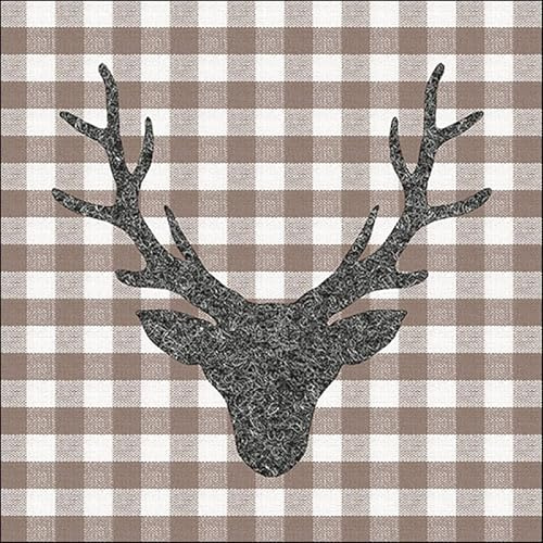 AMBIENTE 20 Servietten Tiermotive Hirschkopf auf Karo braun als Tischdeko. Papierservietten mit Motiv. Auch für Decoupage und Serviettentechnik 33x33cm