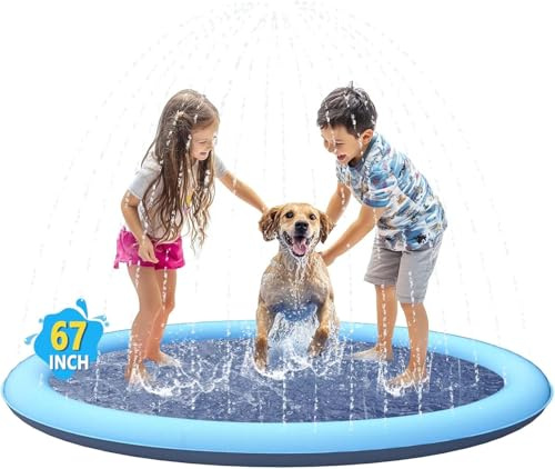 CHAWONER Großer Hundepool 67inch, Anti-Rutsch Planschbecken für Kinder Hund-Sprinkler-Matze, Faltbarer und Aufblasbarer Wassersprungteller für Hunde, Outdoor Wasserspielzeug Hunde für Heiße Tage
