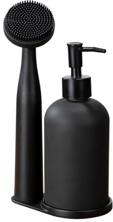 WENKO Spülen Mod. Piedo 3-TLG. Spül-Set mit nachfüllbarem Spülmittelspender 400 ml aus Glas Spülbürste aus Kunststoff & Halterung aus Polyresin geeignet für Küche & Abwasch Maße 12,5x9x25 cm Schwarz