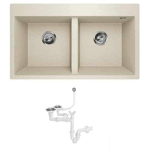 Évier en granit double évier de cuisine encastré, siphon d'évier Elle 2.0, couleur sable beige